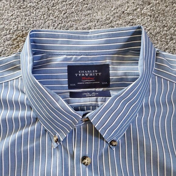 Charles Tyrwhitt shirt Mens 2XL XXL Blue Dress Slim Striped Weekend Non Iron - Picture 1 of 8